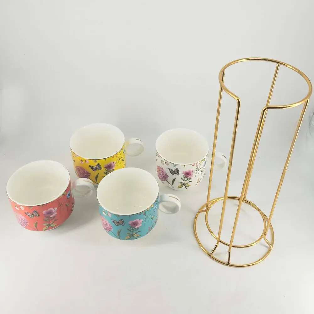 Grace's Teaware Flowers Butterfly Stacking Mug Set 4 Wire Rack